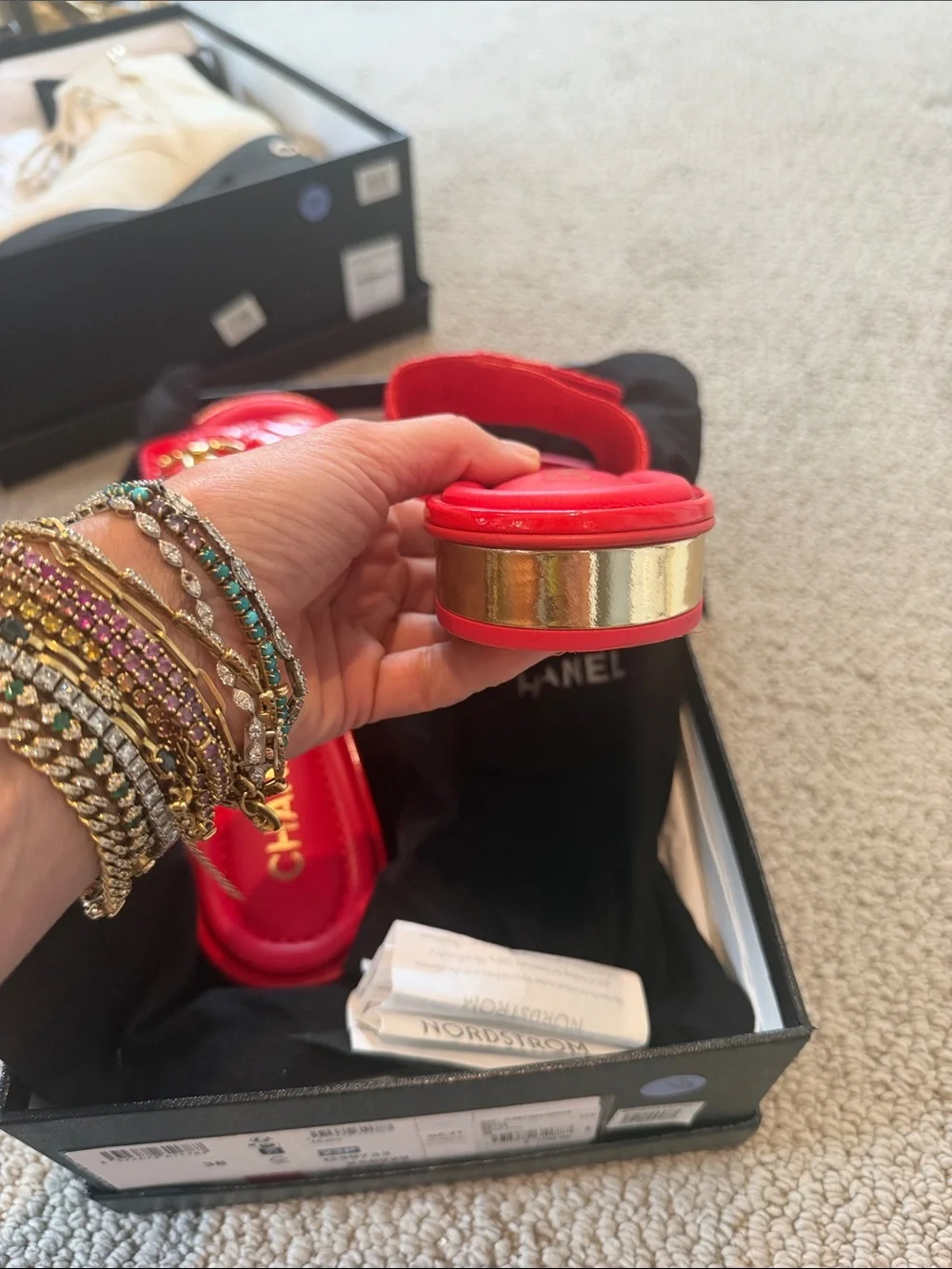 CHANEL Red Quilted Patent Leather Slide Sandals with Gold CC